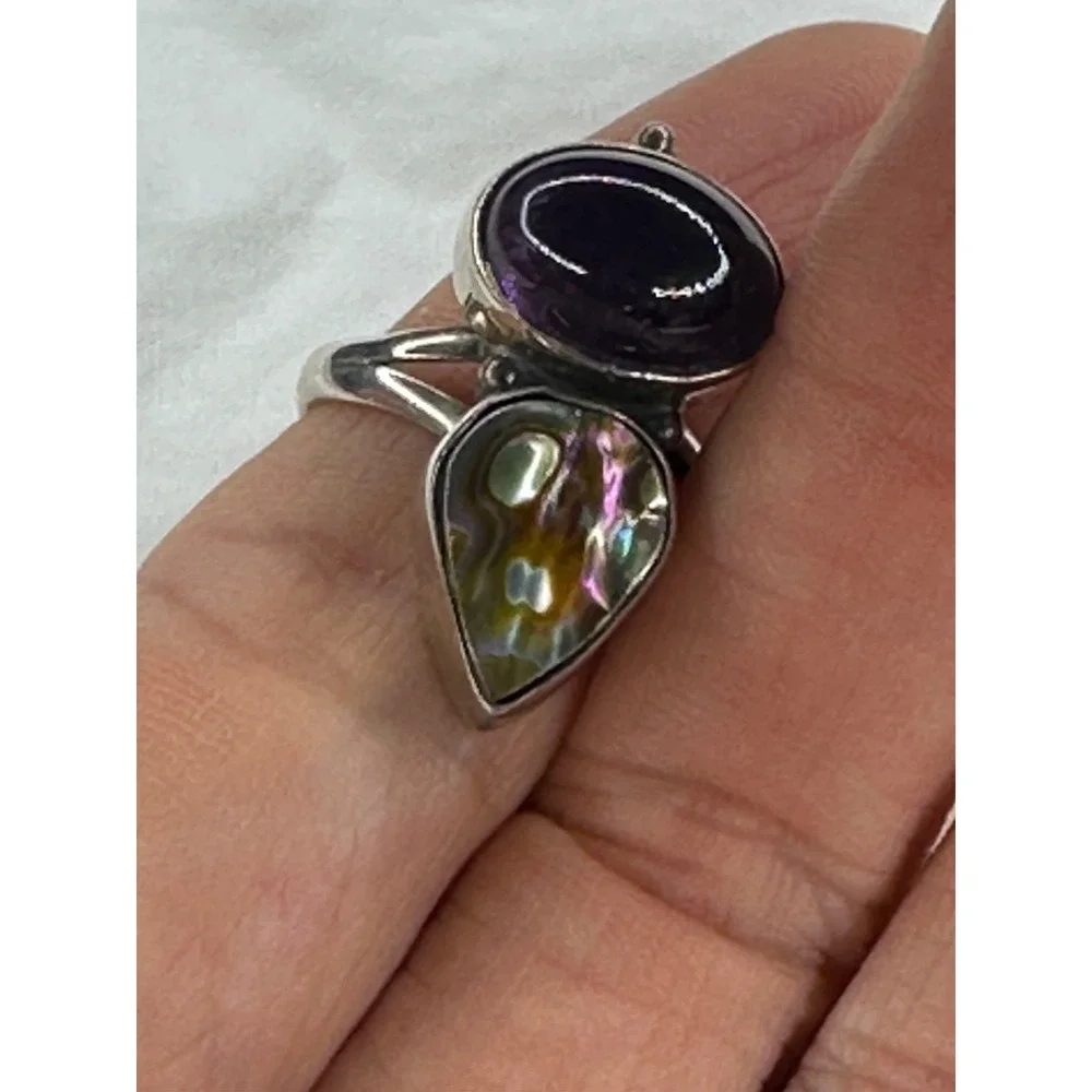 Nightbreed Creations Ring Amethyst Abalone Shell Sterling Silver 925‎ Sz 7 MOD